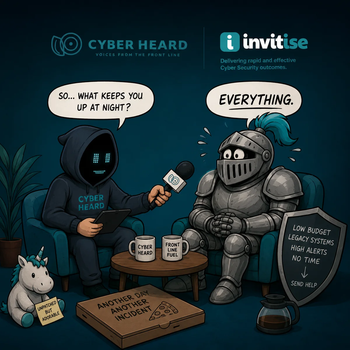 A hooded interviewer with 'Cyber Heard' on the chest, holding a microphone, asking a knight in armour 'So... what keeps you up at night?'. The knight replies 'Everything.' Branded mugs, an open pizza box reading 'Another day, another incident', and a small unicorn labelled 'Unpatched but adorable' sit on the table.