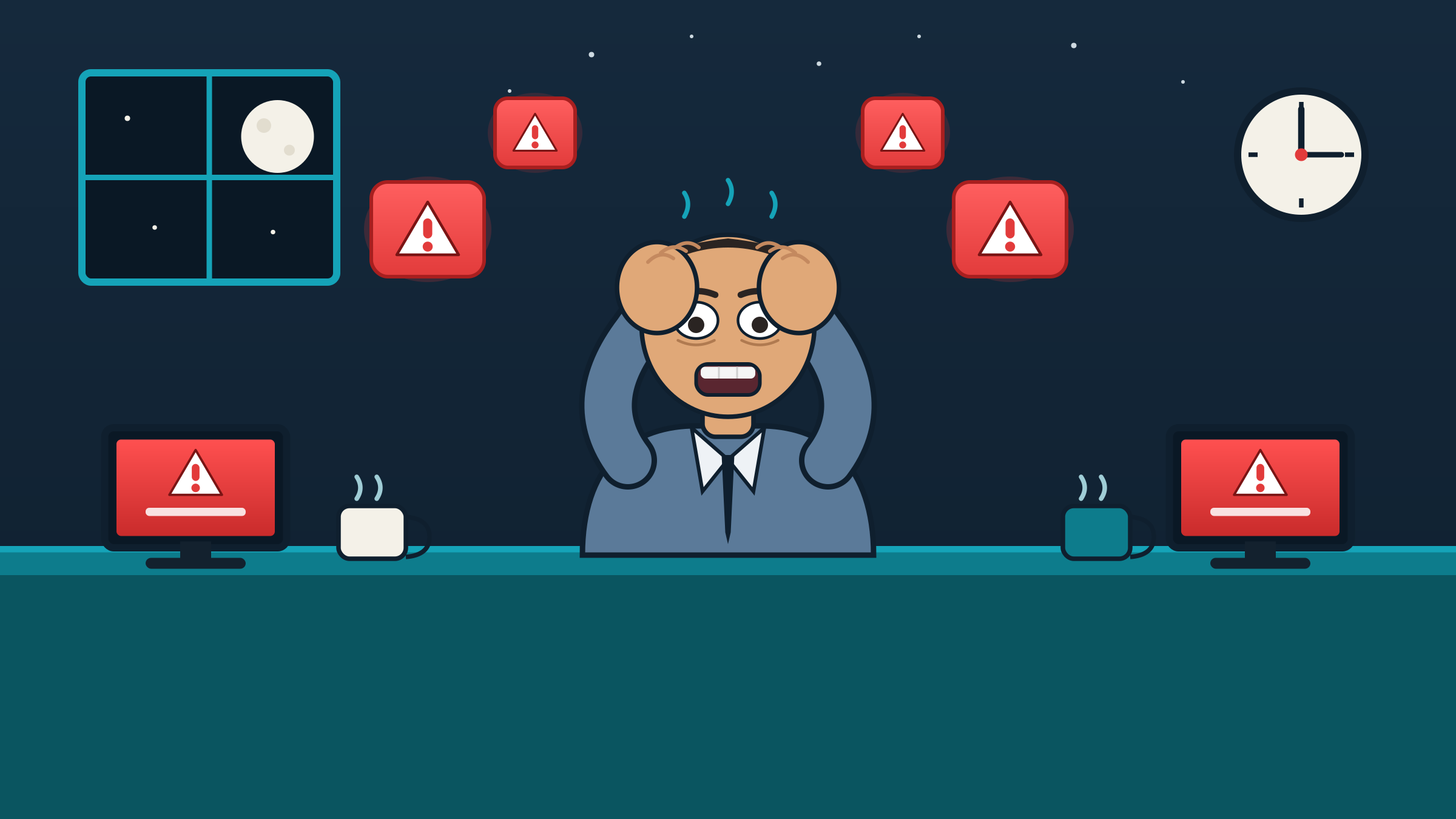 A stressed CISO holding their head, surrounded by red alert warnings late at night
