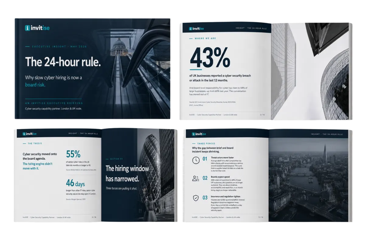 The 24-hour rule. Why slow Cyber Hiring is now a board risk. Cover and sample spreads of the invitise executive briefing.